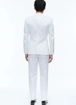 Fursac Wool Double-Breasted Striped Suit White - Navy Blue Stripes Cheap
