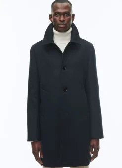 Fursac Woolen Cloth Coat With Officer Collar Navy Blue Best Sale