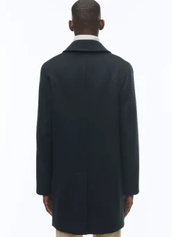 Fursac Woolen Cloth Coat With Officer Collar Navy Blue Best Sale