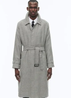 Fursac Wool Long Coat With Belt Ecru - Black Checks Flash Sale