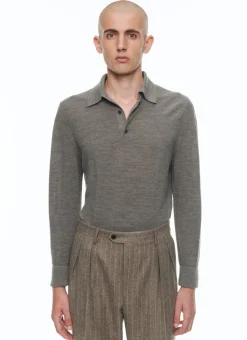 Fursac Wool Longsleeves Polo Sweater Taupe Grey Best Sale