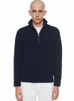 Fursac Wool Ribbed Sweater With Zipped-Rollneck Navy Blue Best Sale