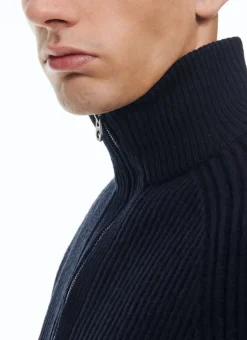 Fursac Wool Ribbed Sweater With Zipped-Rollneck Navy Blue Best Sale