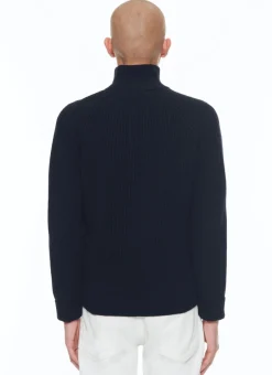 Fursac Wool Ribbed Sweater With Zipped-Rollneck Navy Blue Best Sale