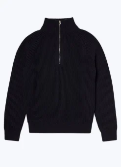 Fursac Wool Ribbed Sweater With Zipped-Rollneck Navy Blue Best Sale