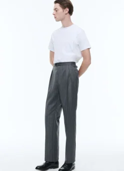 Fursac Wool Twill Striped Pleated Trousers Ash Grey Sale