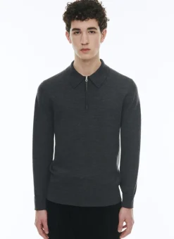 Fursac Wool Zipped Collar Polo Sweater Dark Flecked Grey Fashion