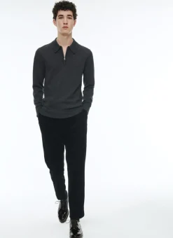 Fursac Wool Zipped Collar Polo Sweater Dark Flecked Grey Fashion