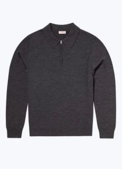 Fursac Wool Zipped Collar Polo Sweater Dark Flecked Grey Fashion